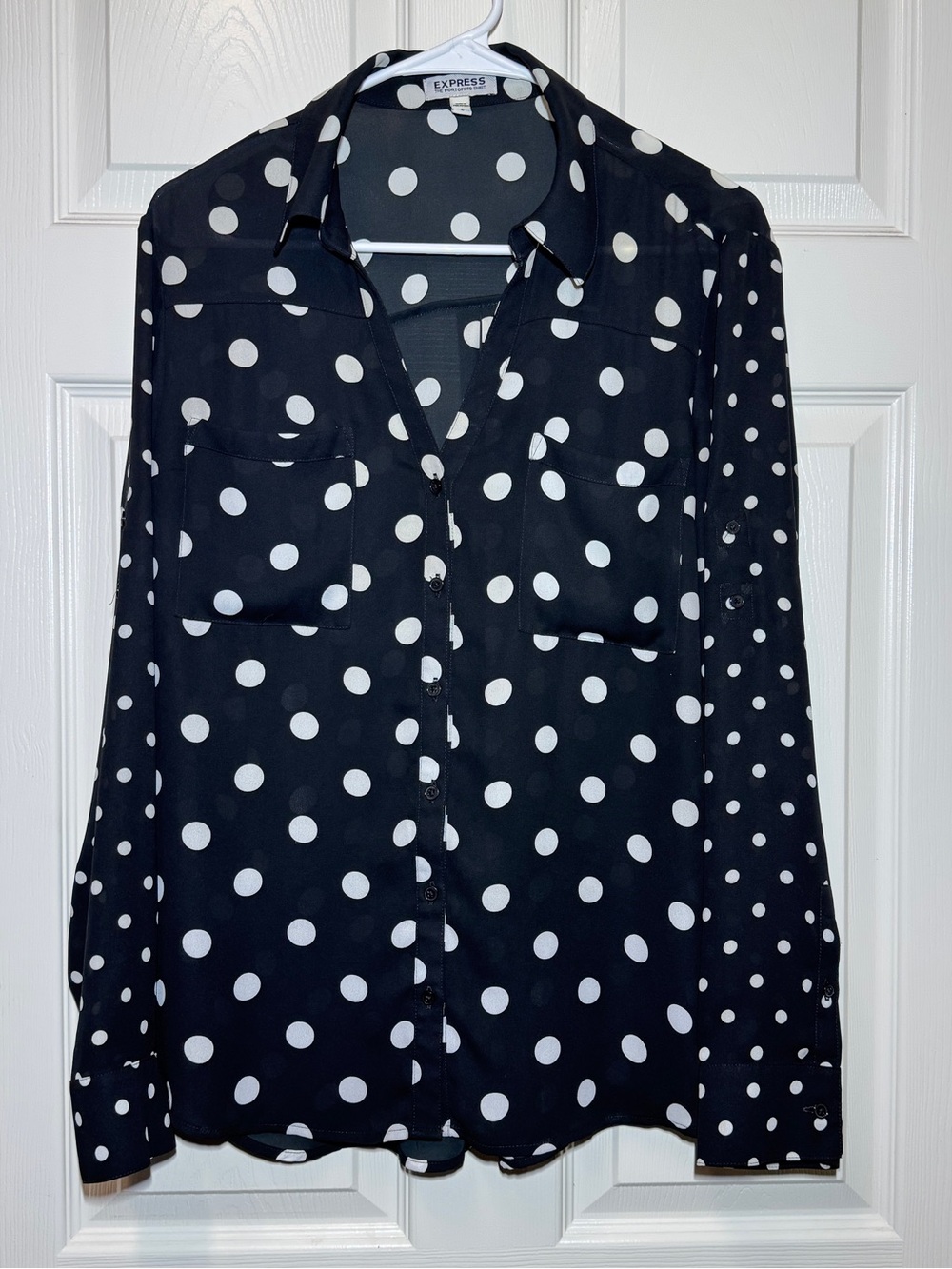 Express Women’s The Portofino Shirt Black Polka Dot Button-Up Blouse L